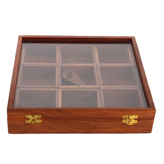 Wooden Masala Box For Kitchen With Lid And Spoon