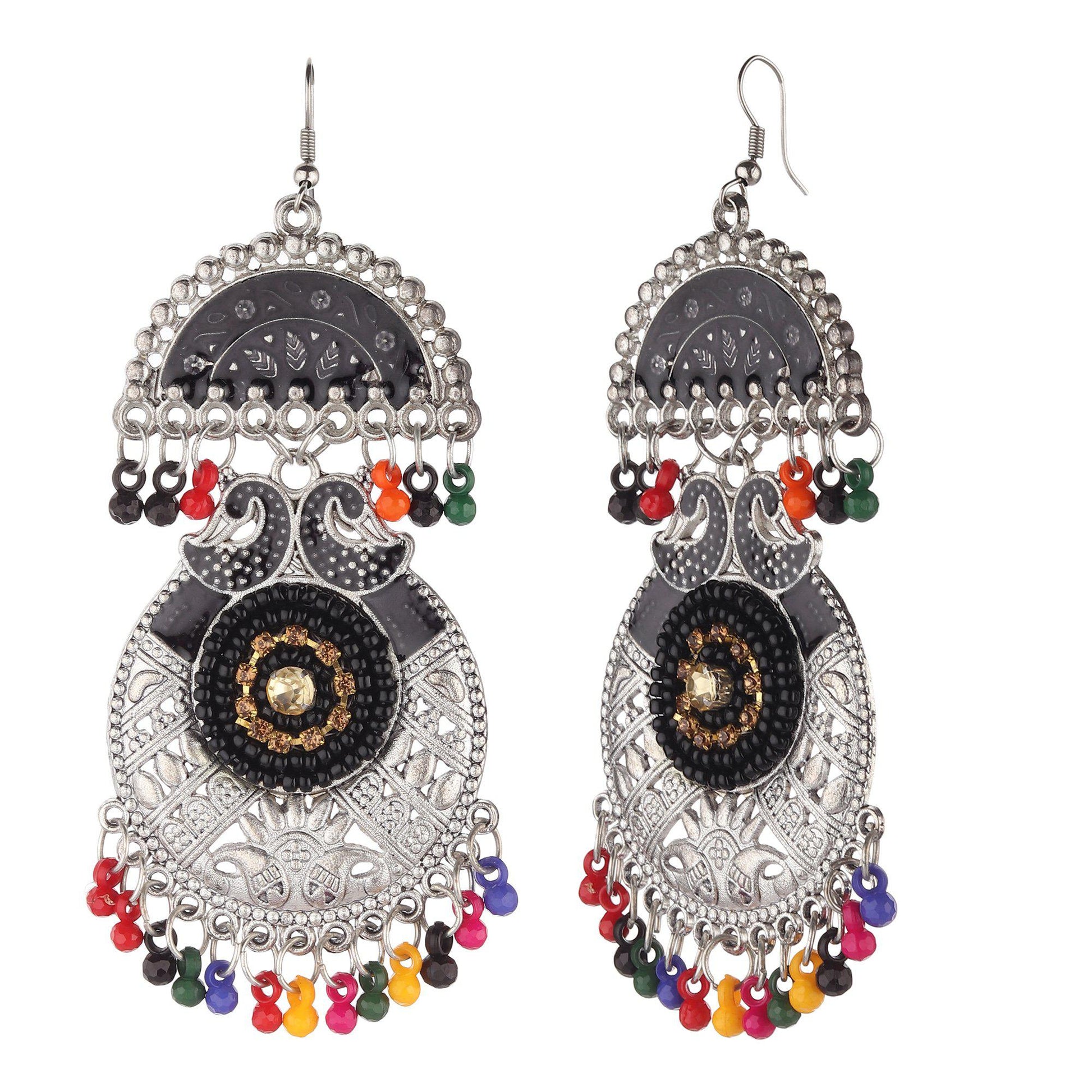Meenakri Black & Silver With Multicolor Motif Danglers-Earrings-ONESKYSHOP