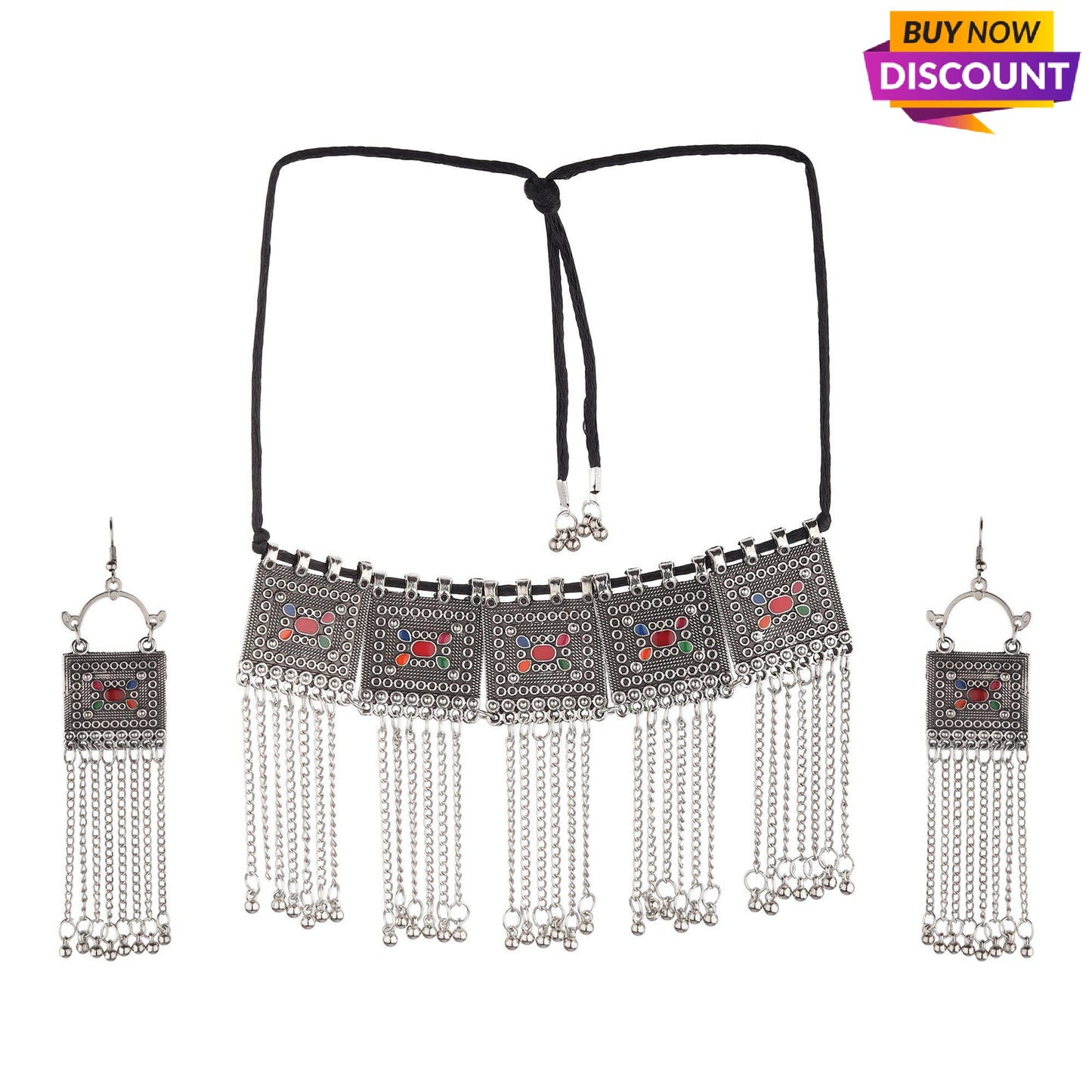 Afghani Oxidised Tassel Choker With Earrings-Necklace Set-ONESKYSHOP