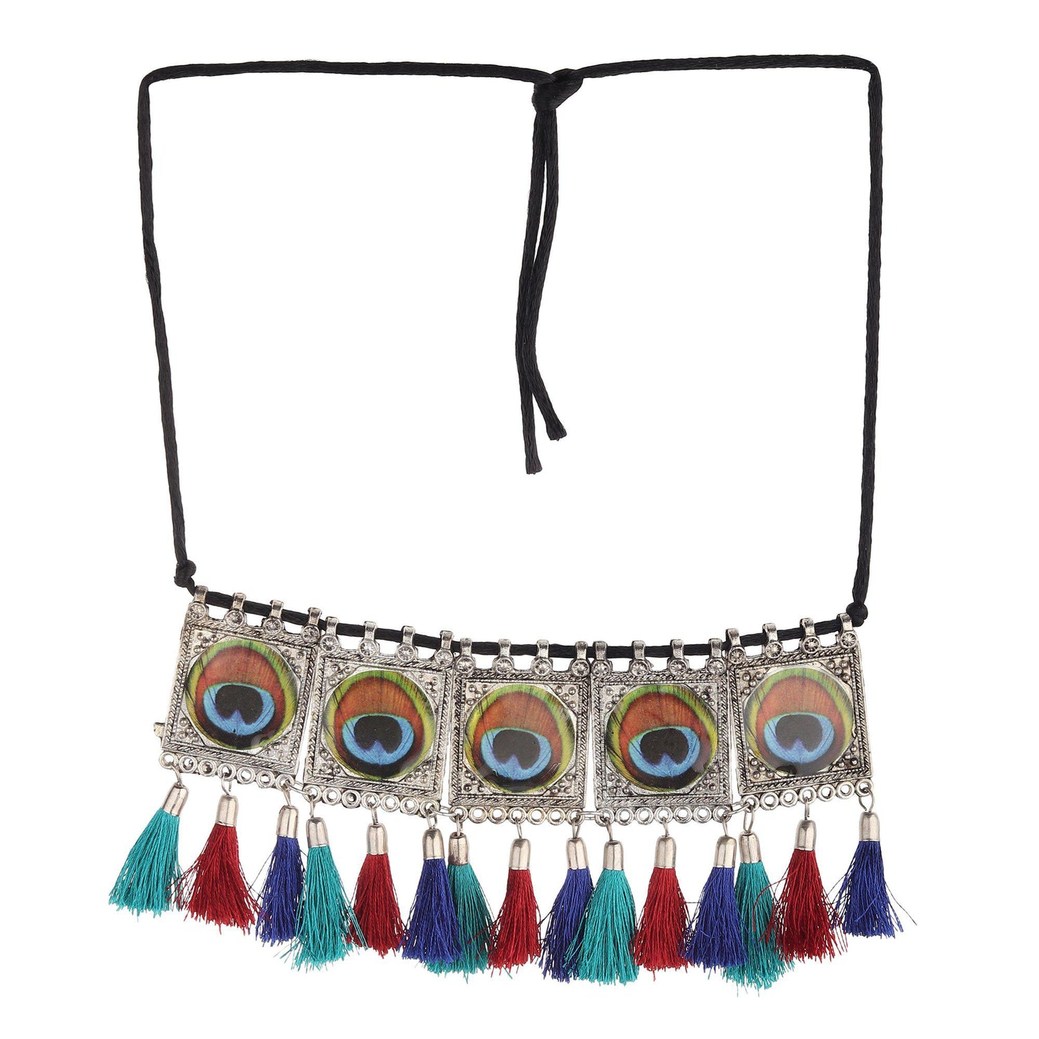 Afghani Blue And Red Tassel Choker-Necklace-ONESKYSHOP