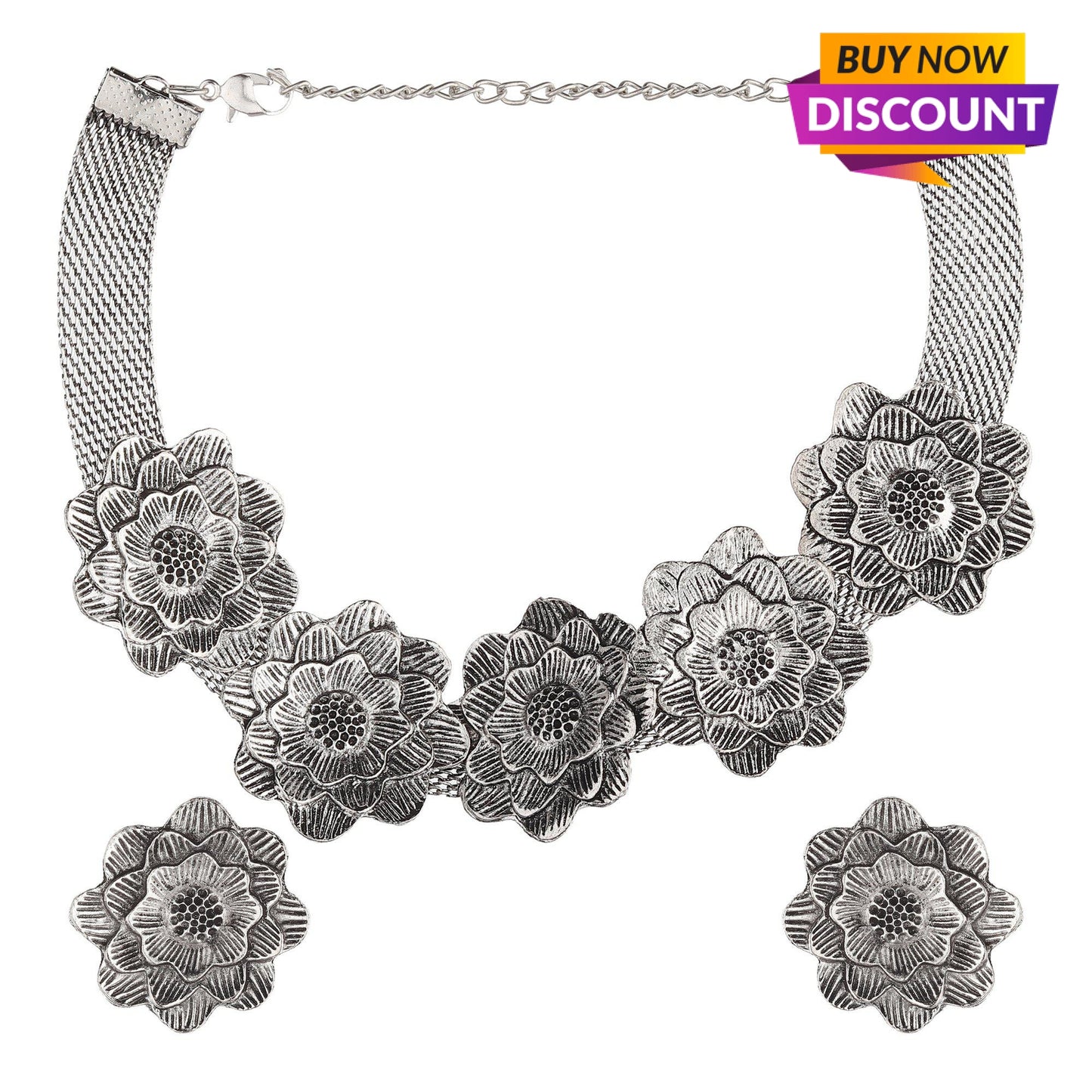 Oxidised Floral Choker Necklace Set-Necklace Set-ONESKYSHOP