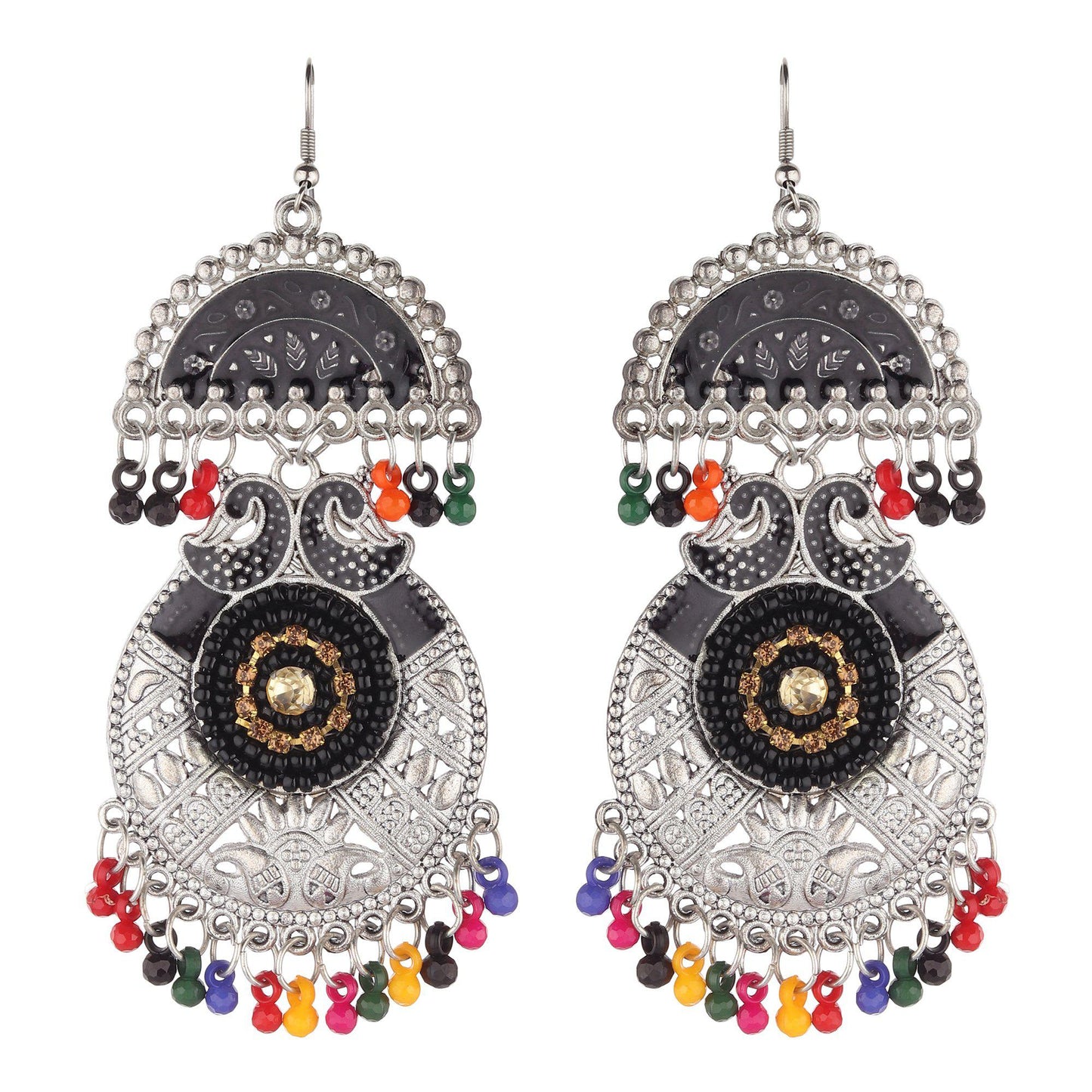 Meenakri Black & Silver With Multicolor Motif Danglers-Earrings-ONESKYSHOP
