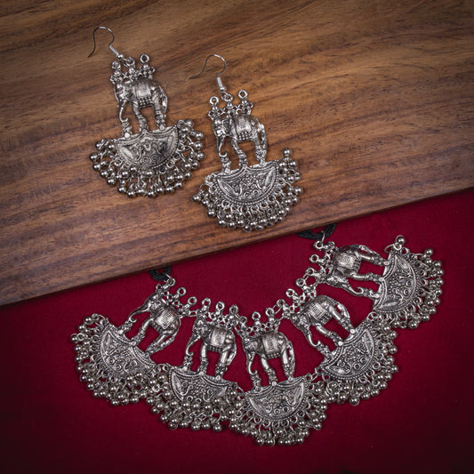 Oxidised Silver Choker Necklace Set (Elephant Design)
