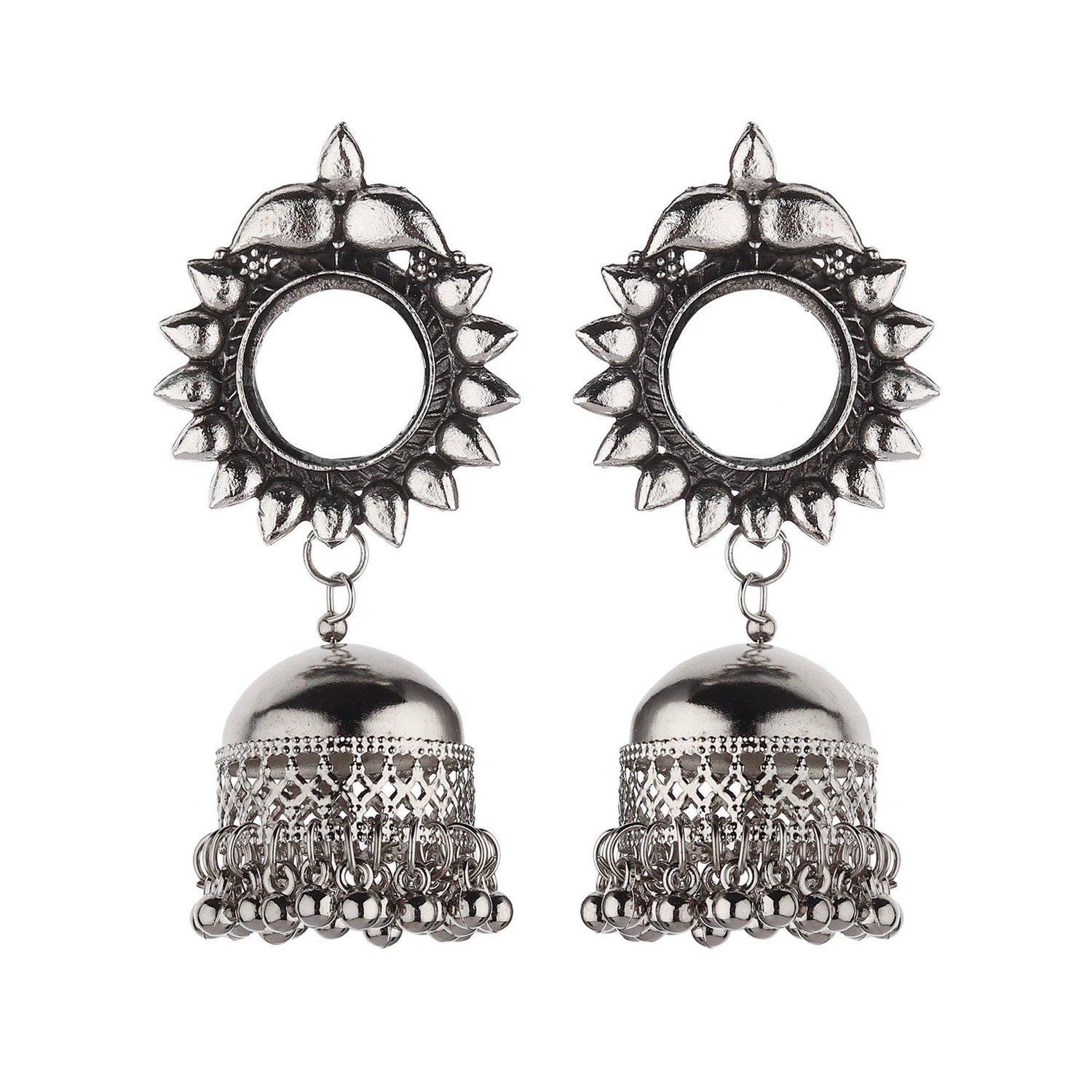 Artsy Mirror Motif Oxidised Jhumkis-Earrings-ONESKYSHOP