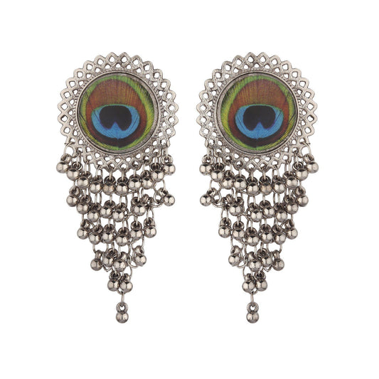 Oxidised Peacock Feather Style Jhaalar Earrings-Earrings-ONESKYSHOP