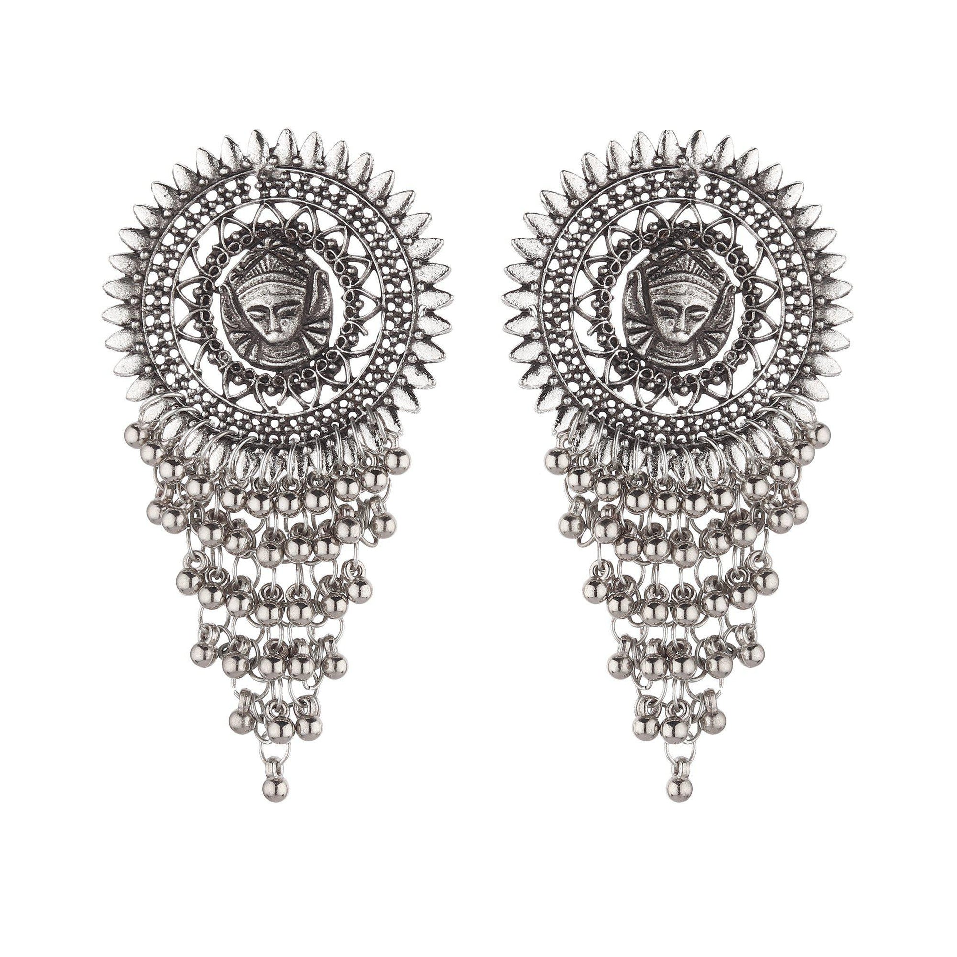 Oxidised Ancient Face Jhallar Earrings-Earrings-ONESKYSHOP