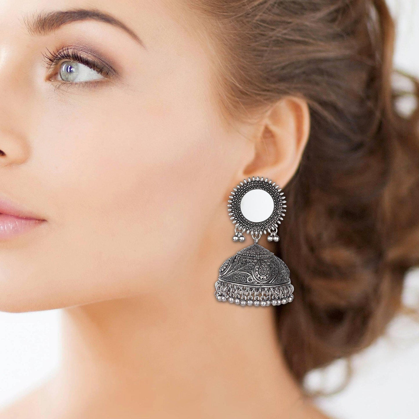 Ethnic Dome Shape Mirror Motif Jhumkas-Earrings-ONESKYSHOP