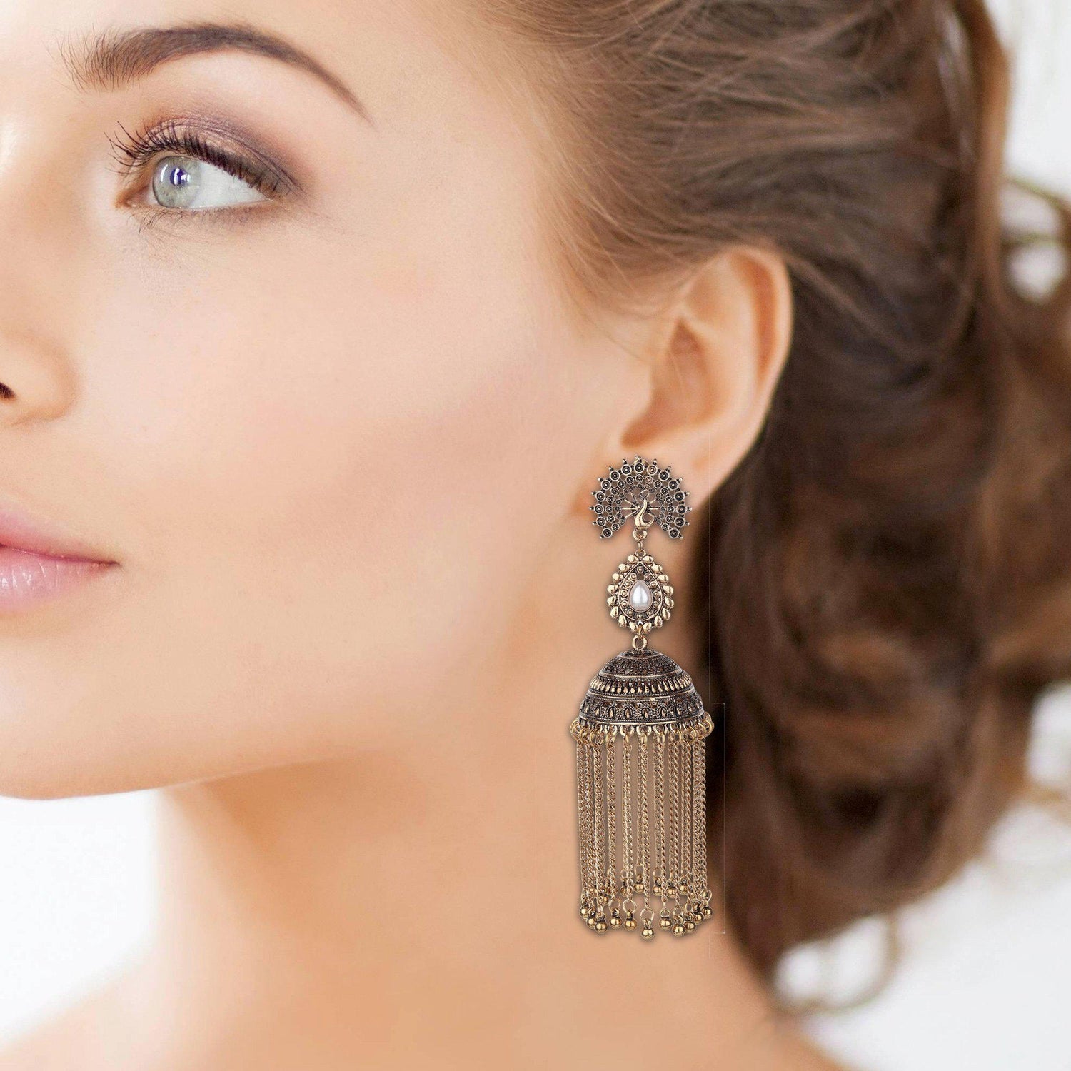 Designer Floral Peacock Dome Shape Chain Drop Earrings-Earrings-ONESKYSHOP