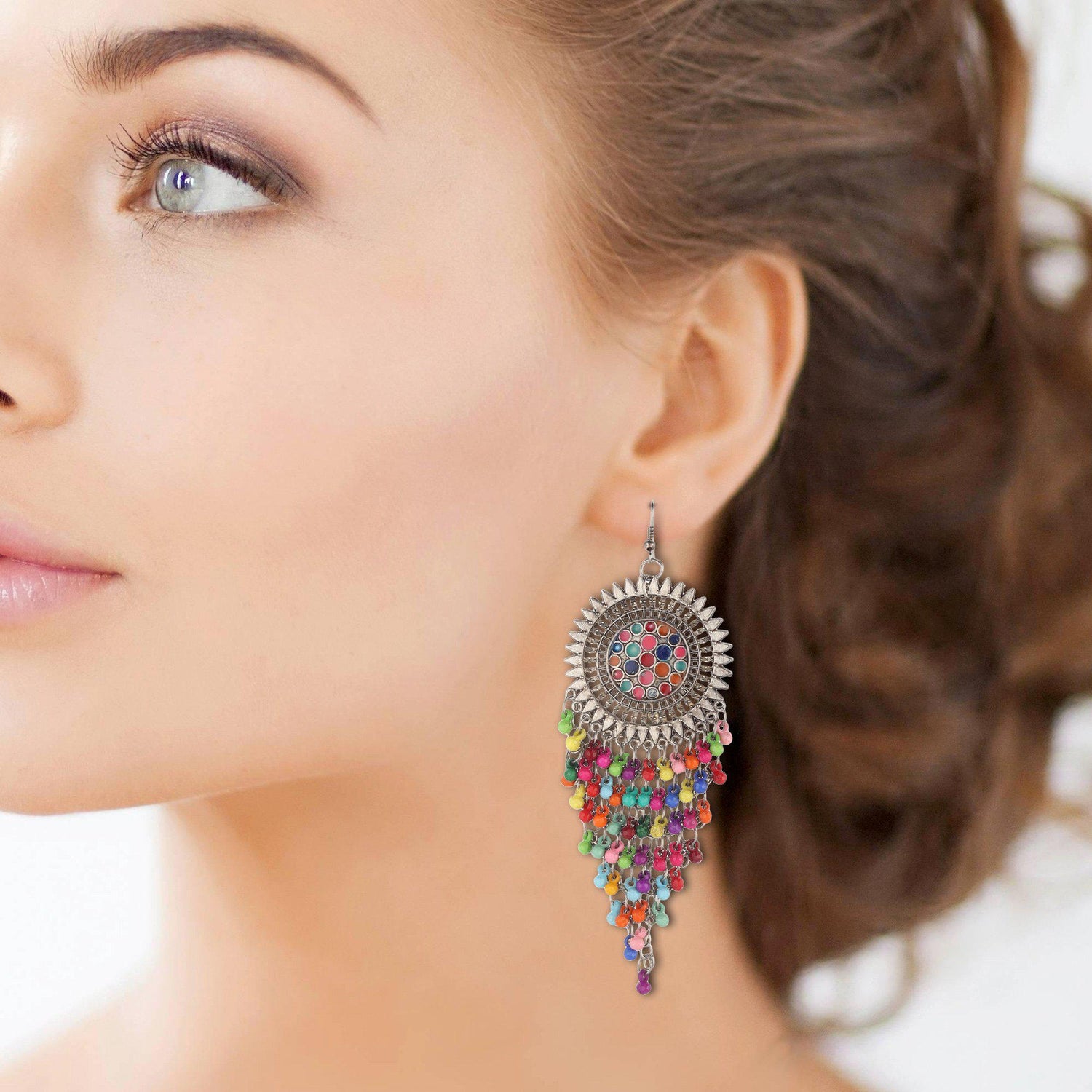 Multi Layered Beaded Jhaalar In Multicolour-Earrings-ONESKYSHOP