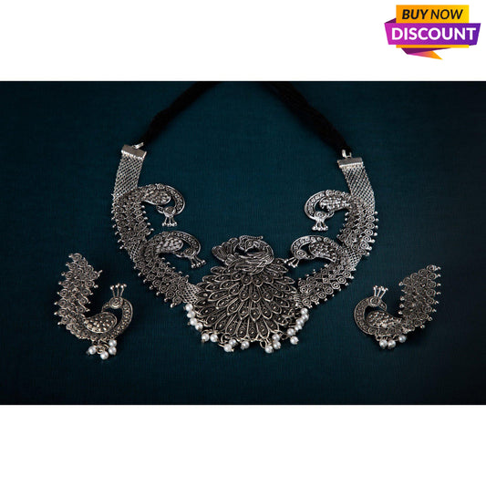 OXIDIZED NECKLACE WITH PEACOCK TOPS-JWELLERY-ONESKYSHOP