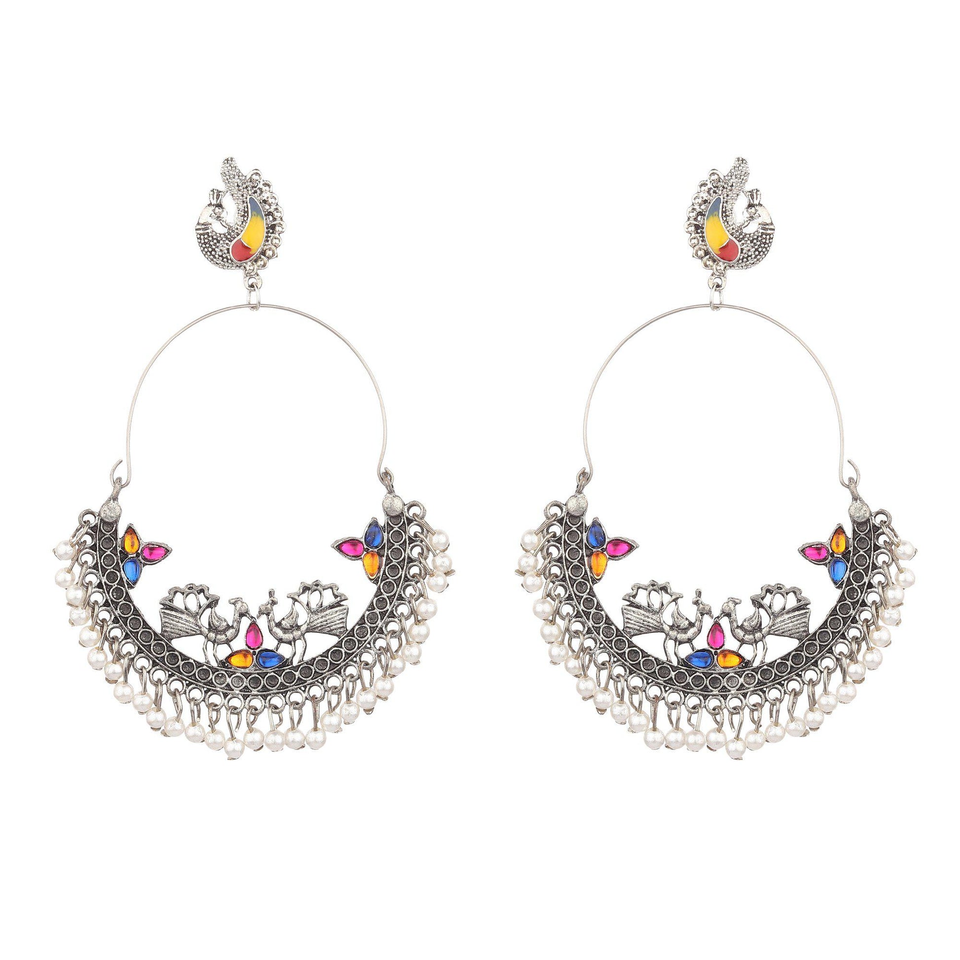 Peacock Chandbali Motif Oxidised Earrings-Earrings-ONESKYSHOP