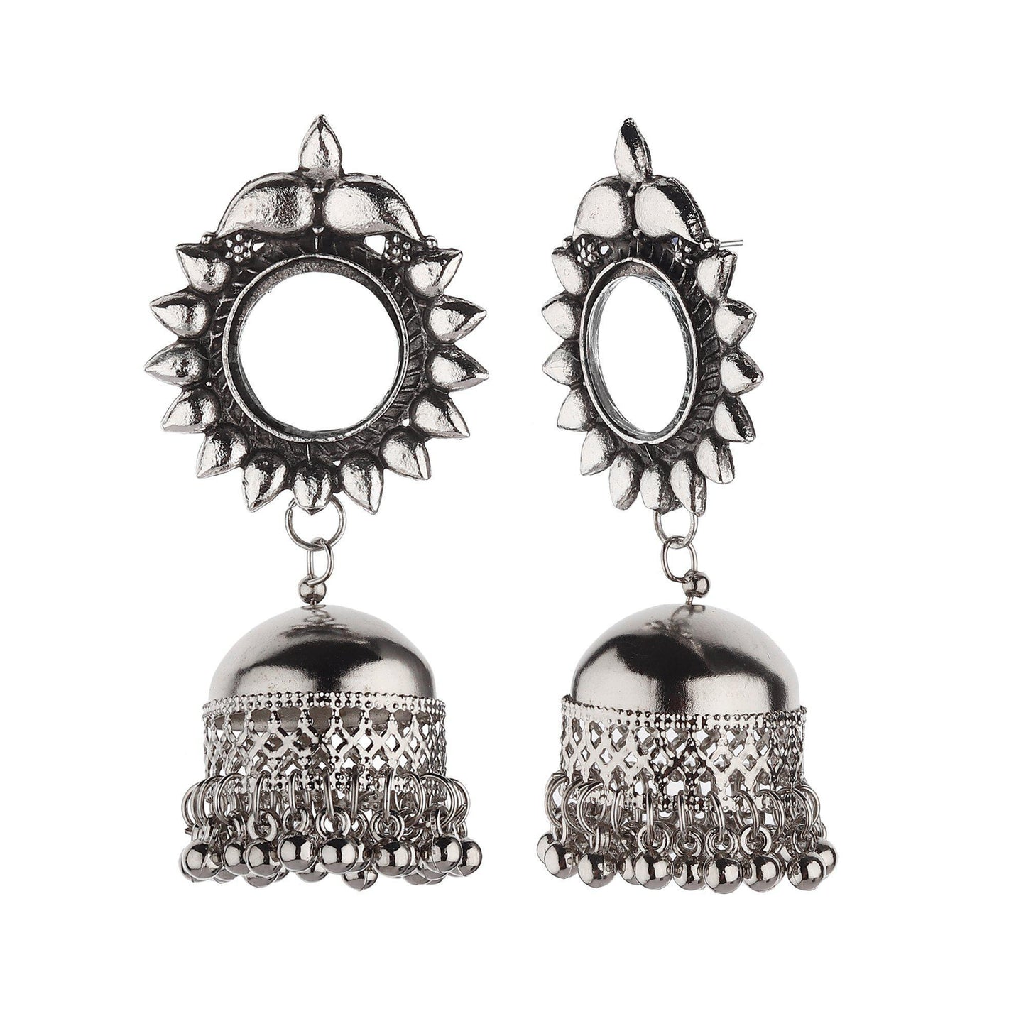 Artsy Mirror Motif Oxidised Jhumkis-Earrings-ONESKYSHOP