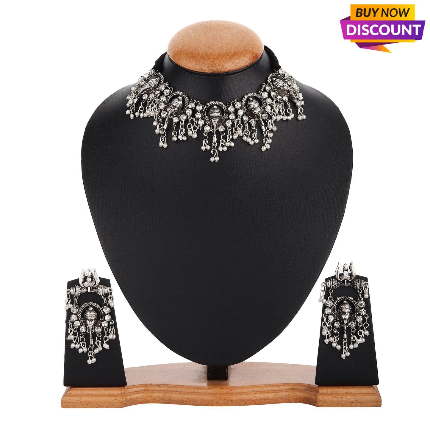 Oxidised Lord Ganesha Necklace With Earrings-Necklace Set-ONESKYSHOP