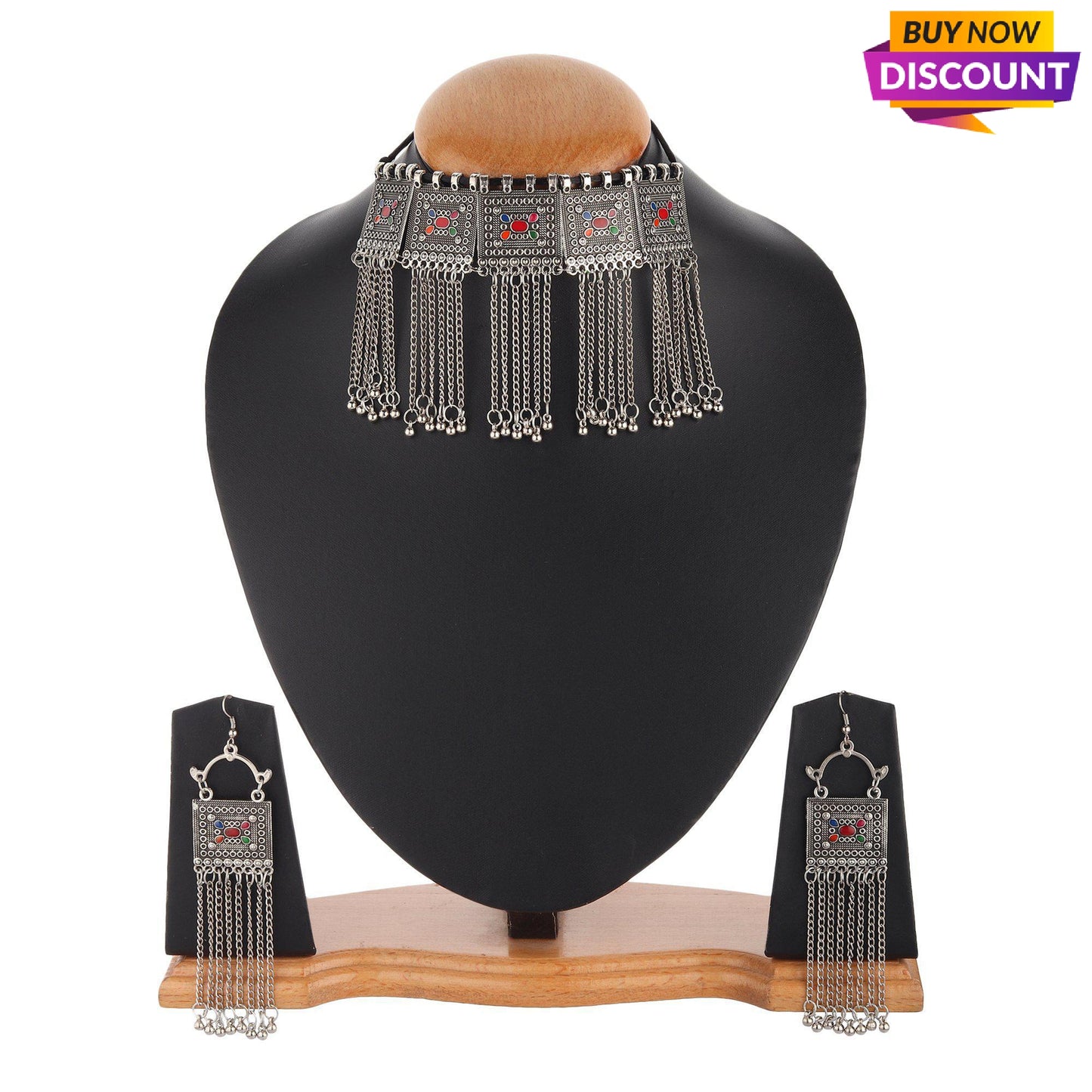 Afghani Oxidised Tassel Choker With Earrings-Necklace Set-ONESKYSHOP