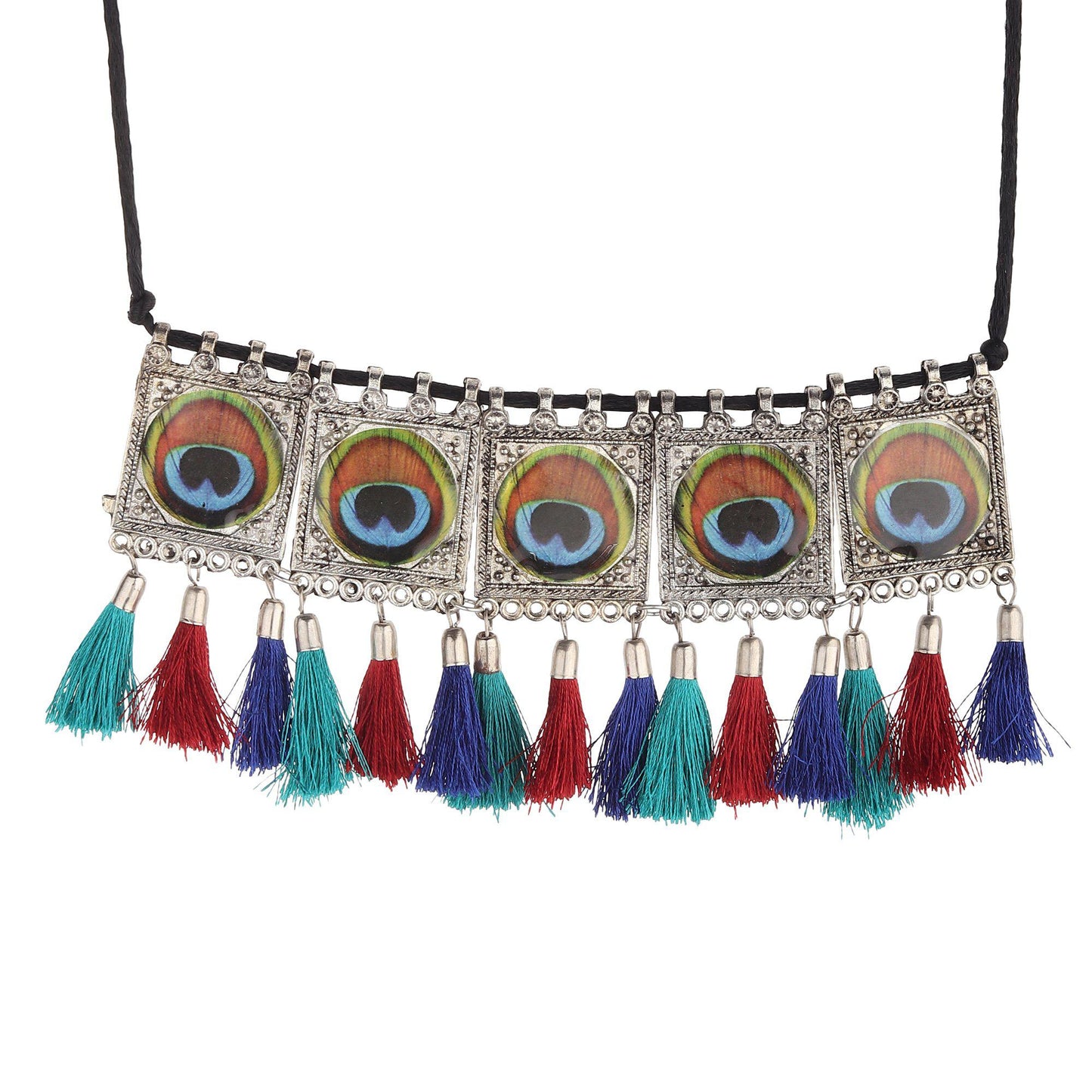 Afghani Blue And Red Tassel Choker-Necklace-ONESKYSHOP