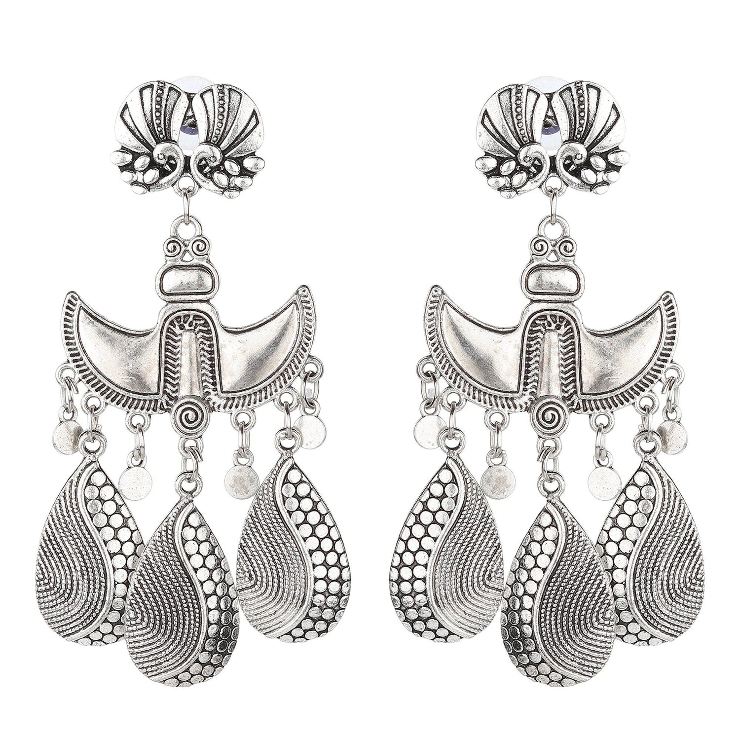 Designer Oxidised Lotus Style Hanging Earrings-Earrings-ONESKYSHOP