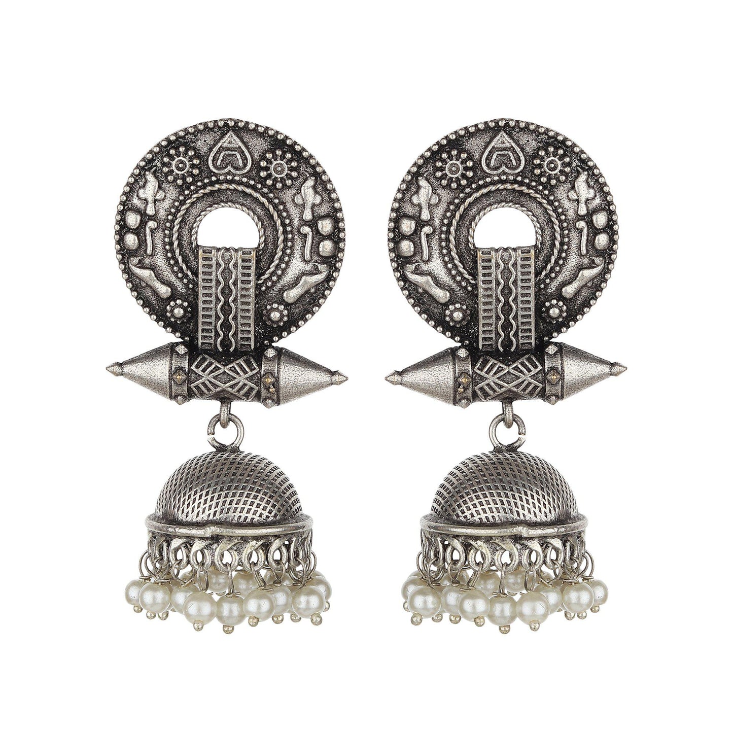 Ethnic Dome Sape Designer Oxidised Jhumkis-Earrings-ONESKYSHOP