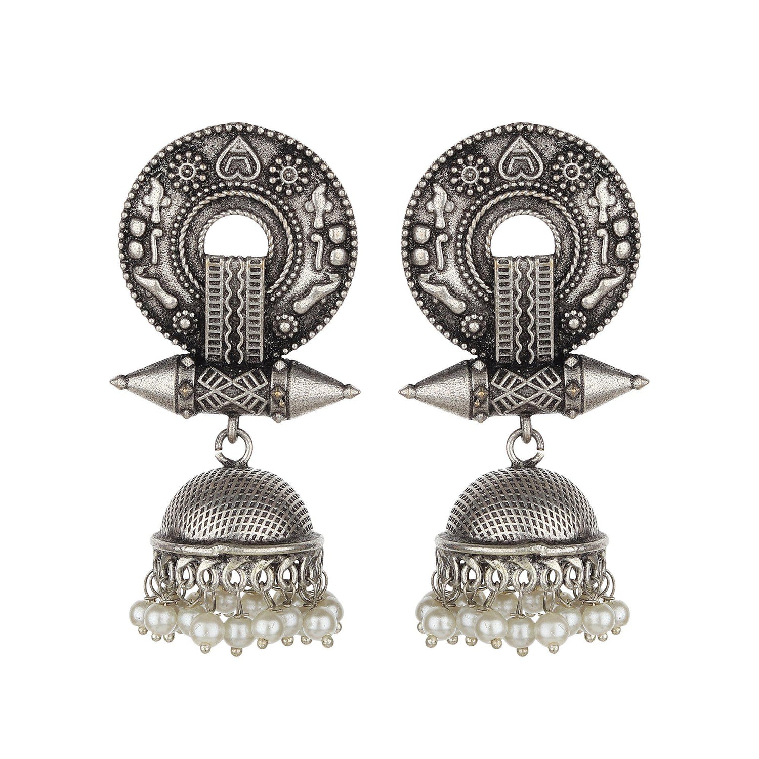 Ethnic Dome Sape Designer Oxidised Jhumkis-Earrings-ONESKYSHOP
