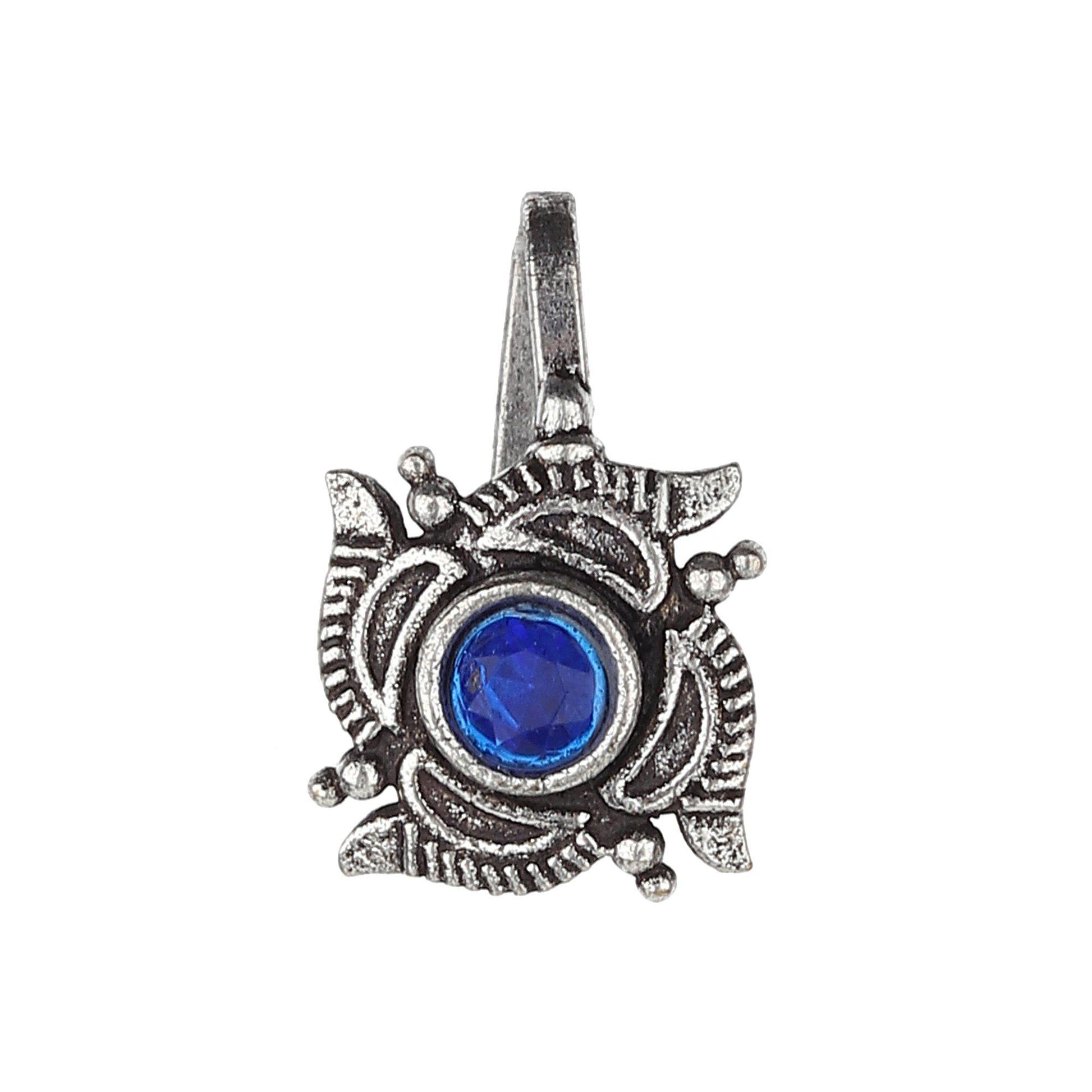 Blue Stud Handcrafted Ethnic Oxidised Nose Pin-Nose Pin-ONESKYSHOP