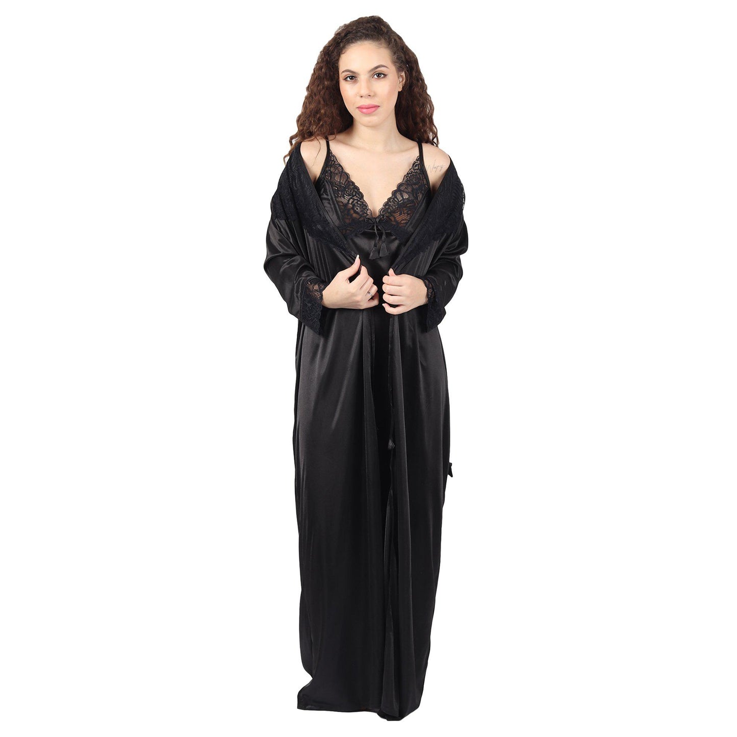 Black Solid Long Night Dress With Robe