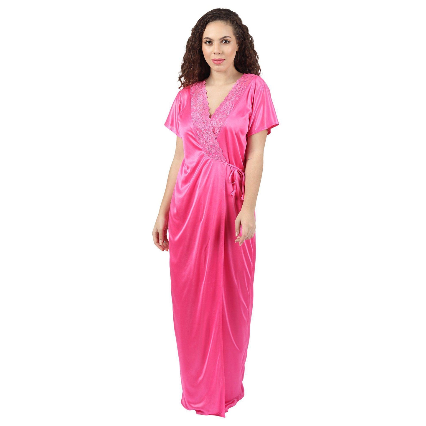 Pink Solid Long Night Dress With Robe