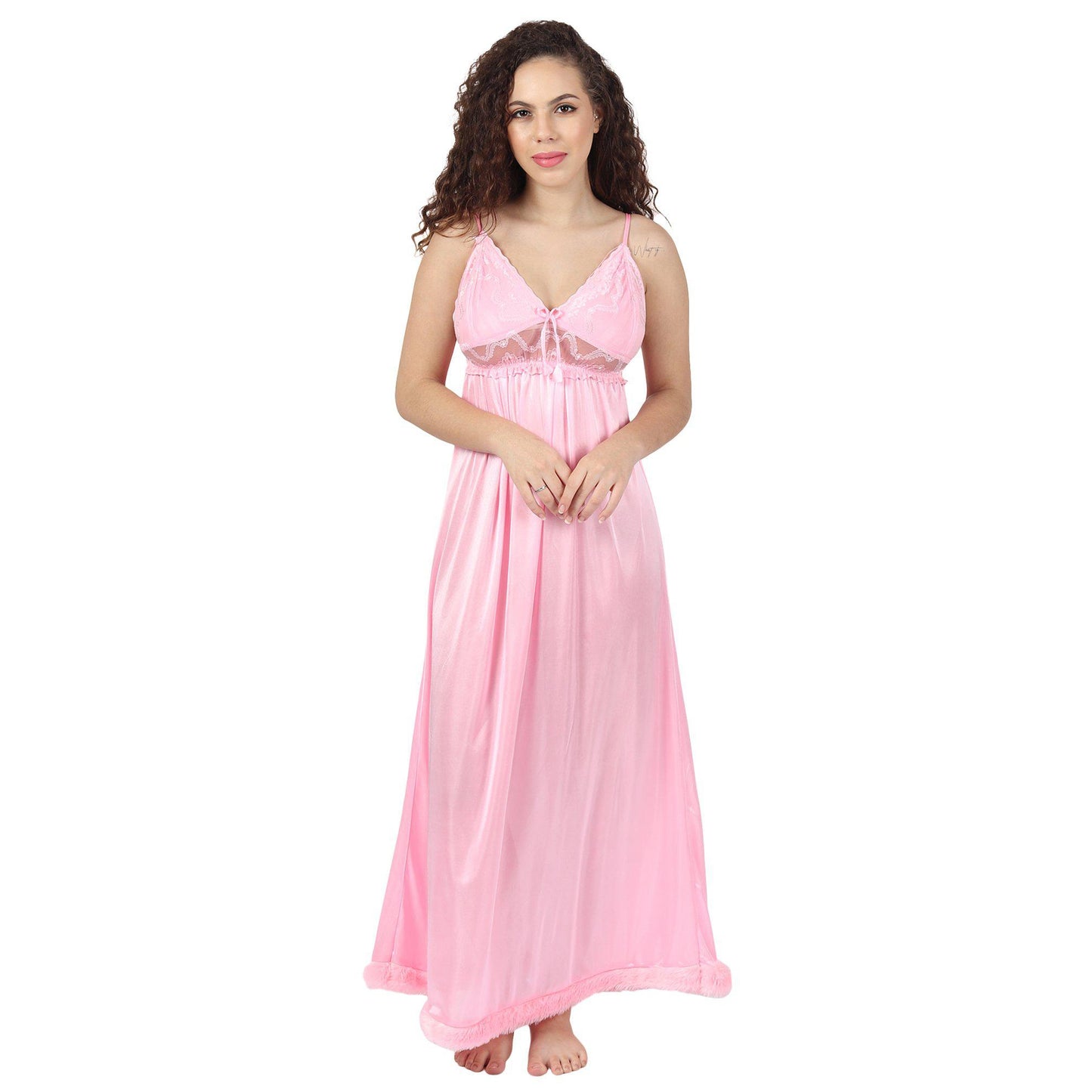 Baby Pink Solid Long Night Dress With Robe