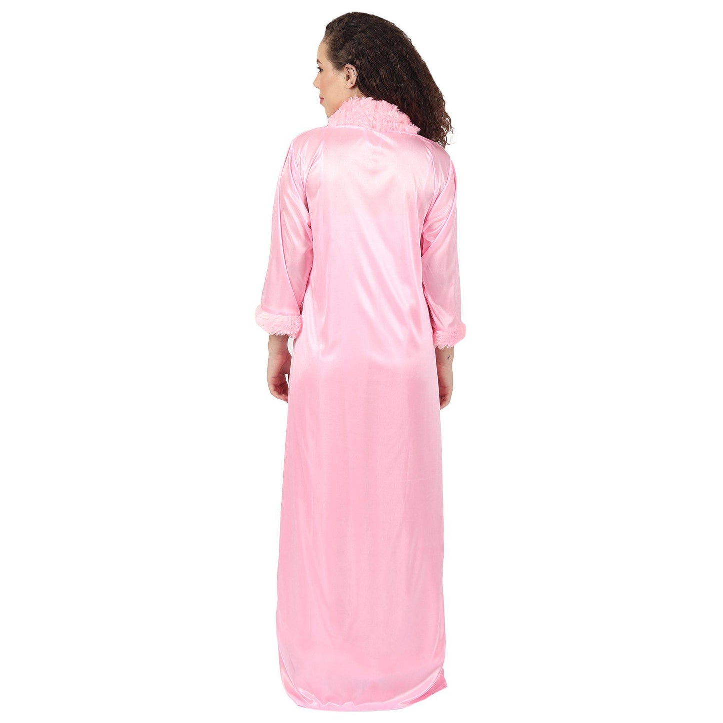 Baby Pink Solid Long Night Dress With Robe