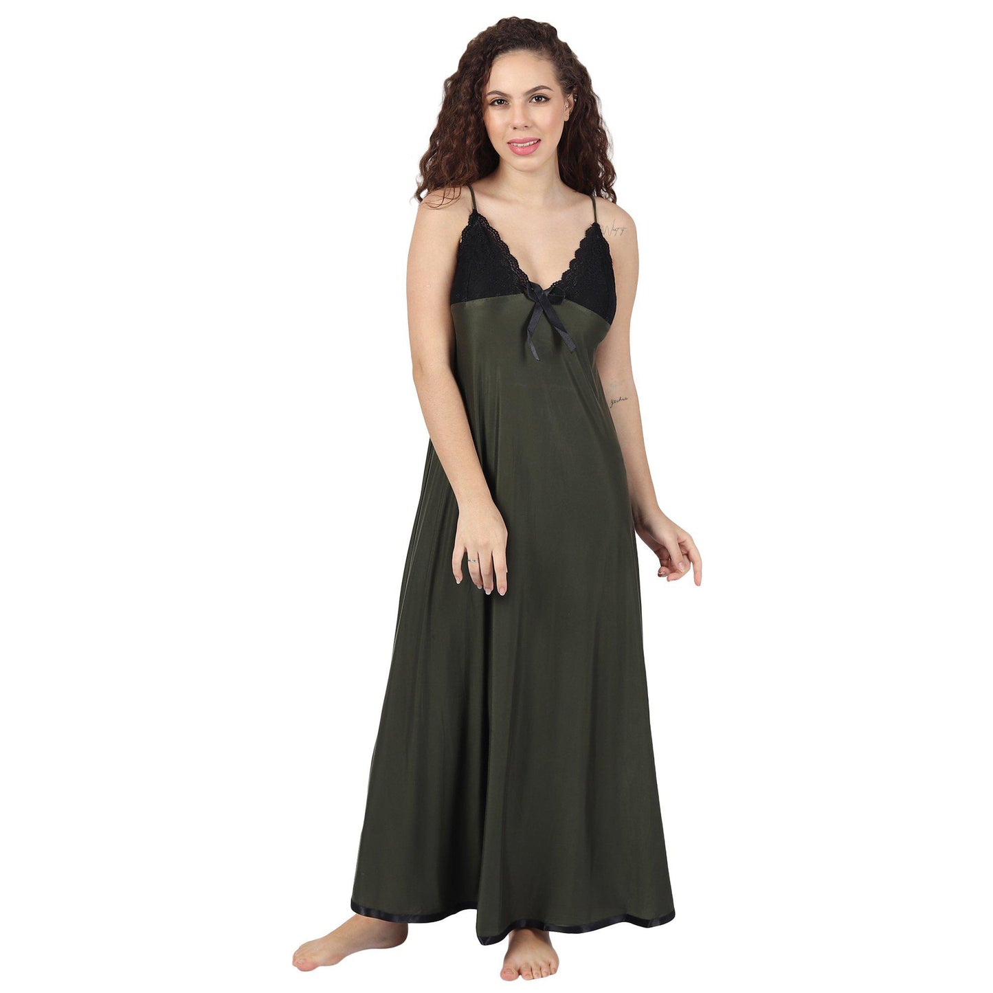 Matt  Olive Green Night Dress With Lacy Cups