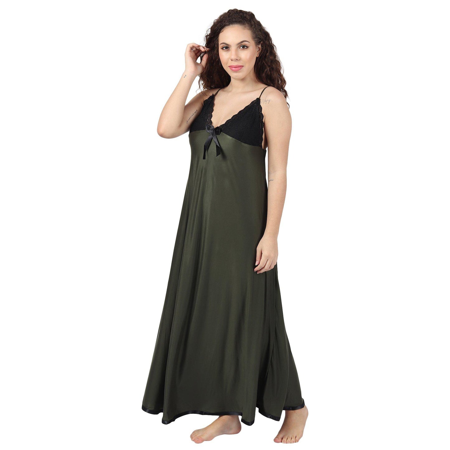 Matt  Olive Green Night Dress With Lacy Cups